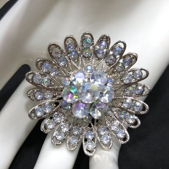 Rhinestone Flower Brooch, Aurora Borealis Clear Rhinestones, Silver Tone, 1 3/4" - Picture 2 of 7